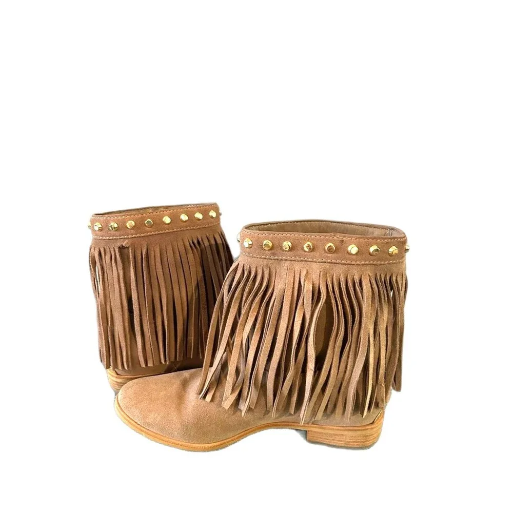 Michael Kors Tan Suede Fringe Ankle Boots with Gold Studs - Size 6